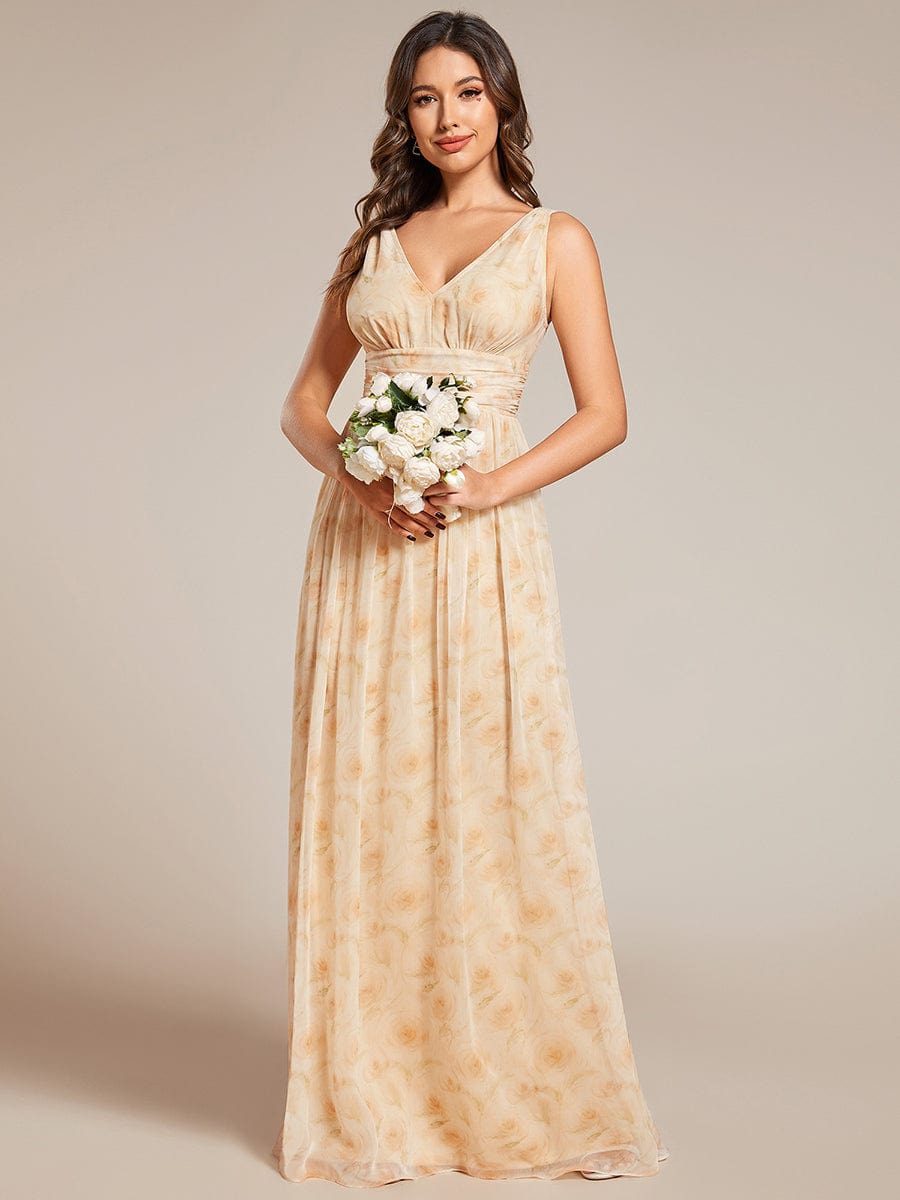 Custom Size V Neck Sleeveless Pleated Chiffon Evening Dress #color_Golden Roses