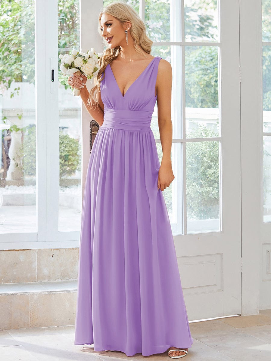 Elegant V Neck A Line Chiffon Maxi Bridesamid Dresses #color_Lavender