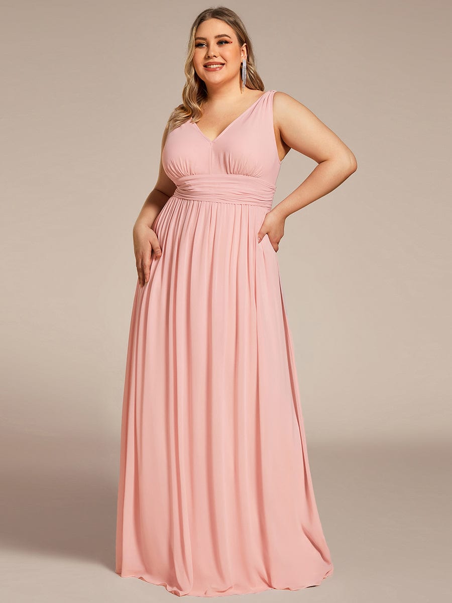 V Neck Sleeveless Pleated Chiffon Evening Dress #color_Pink