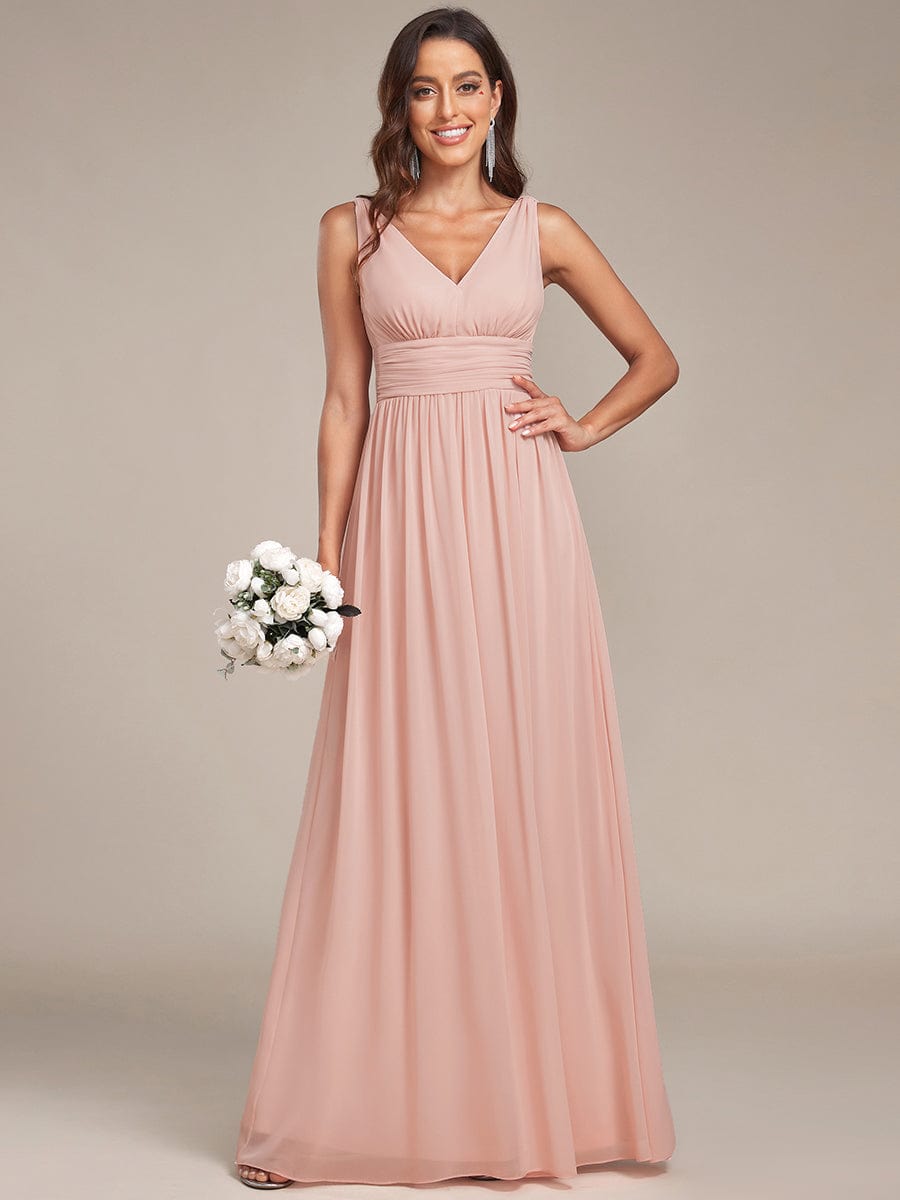 Elegant V Neck A Line Chiffon Maxi Bridesamid Dresses #color_Pink