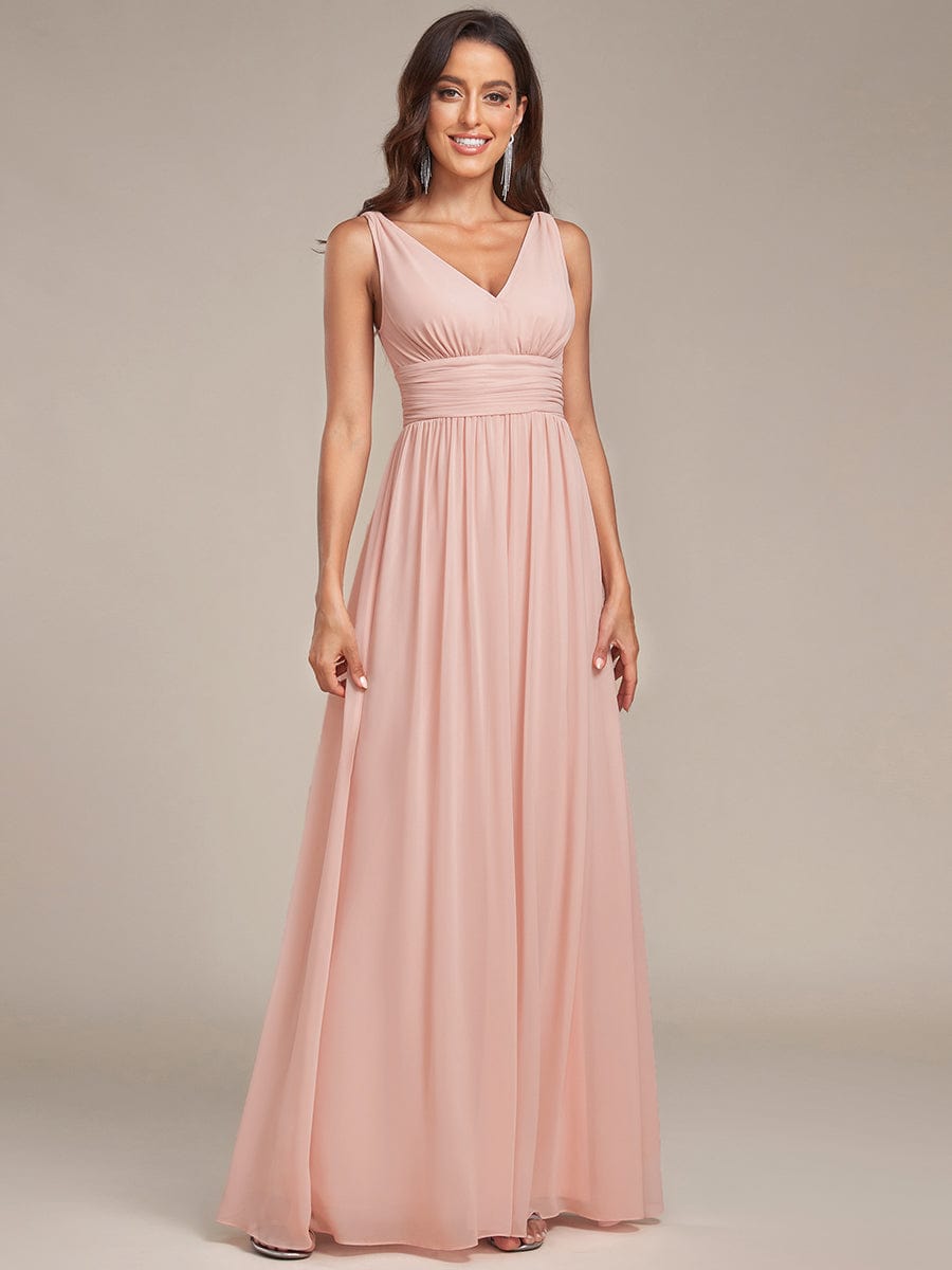 Elegant V Neck A Line Chiffon Maxi Bridesamid Dresses #color_Pink