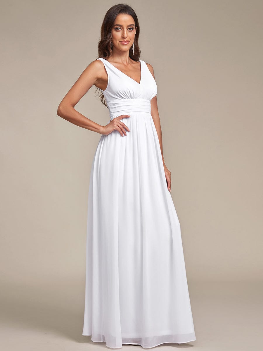 V Neck Sleeveless Pleated Chiffon Evening Dress #color_White