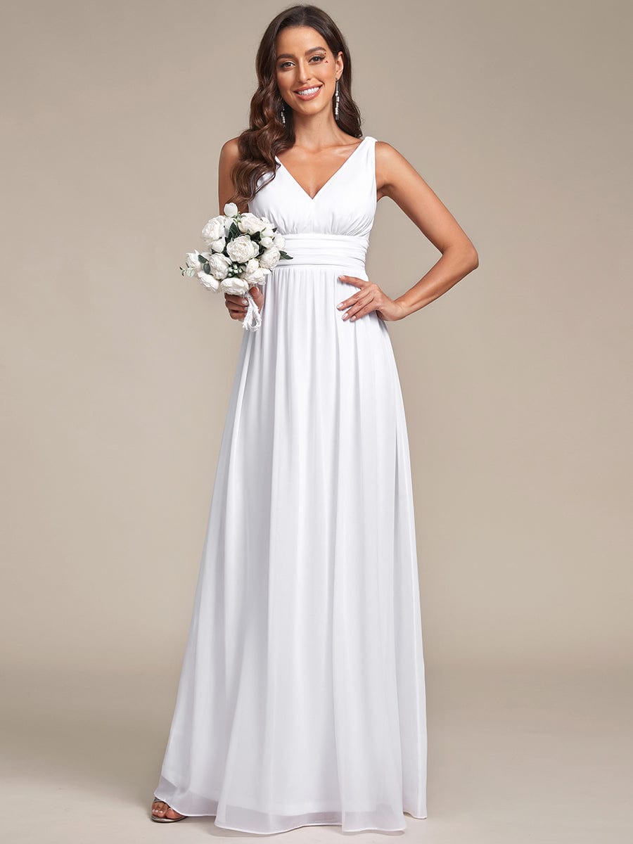 V Neck Sleeveless Pleated Chiffon Evening Dress #color_White