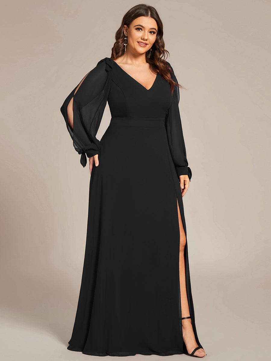 Custom Size Double V-Neck High Slit Long Sleeve Formal Dresses #color_Black