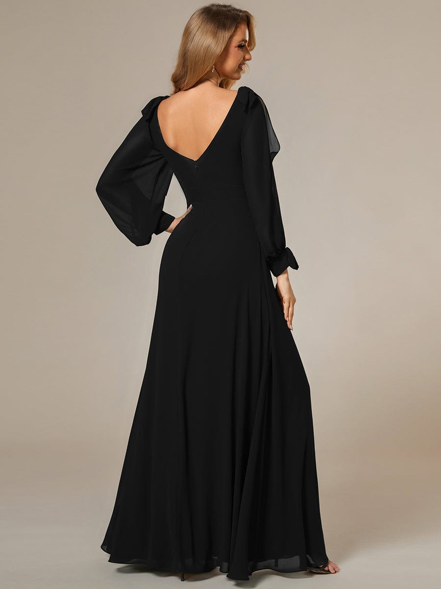 Custom Size Double V-Neck High Slit Long Sleeve Formal Dresses #color_Black