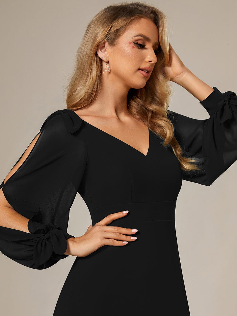 Custom Size Double V-Neck High Slit Long Sleeve Formal Dresses #color_Black