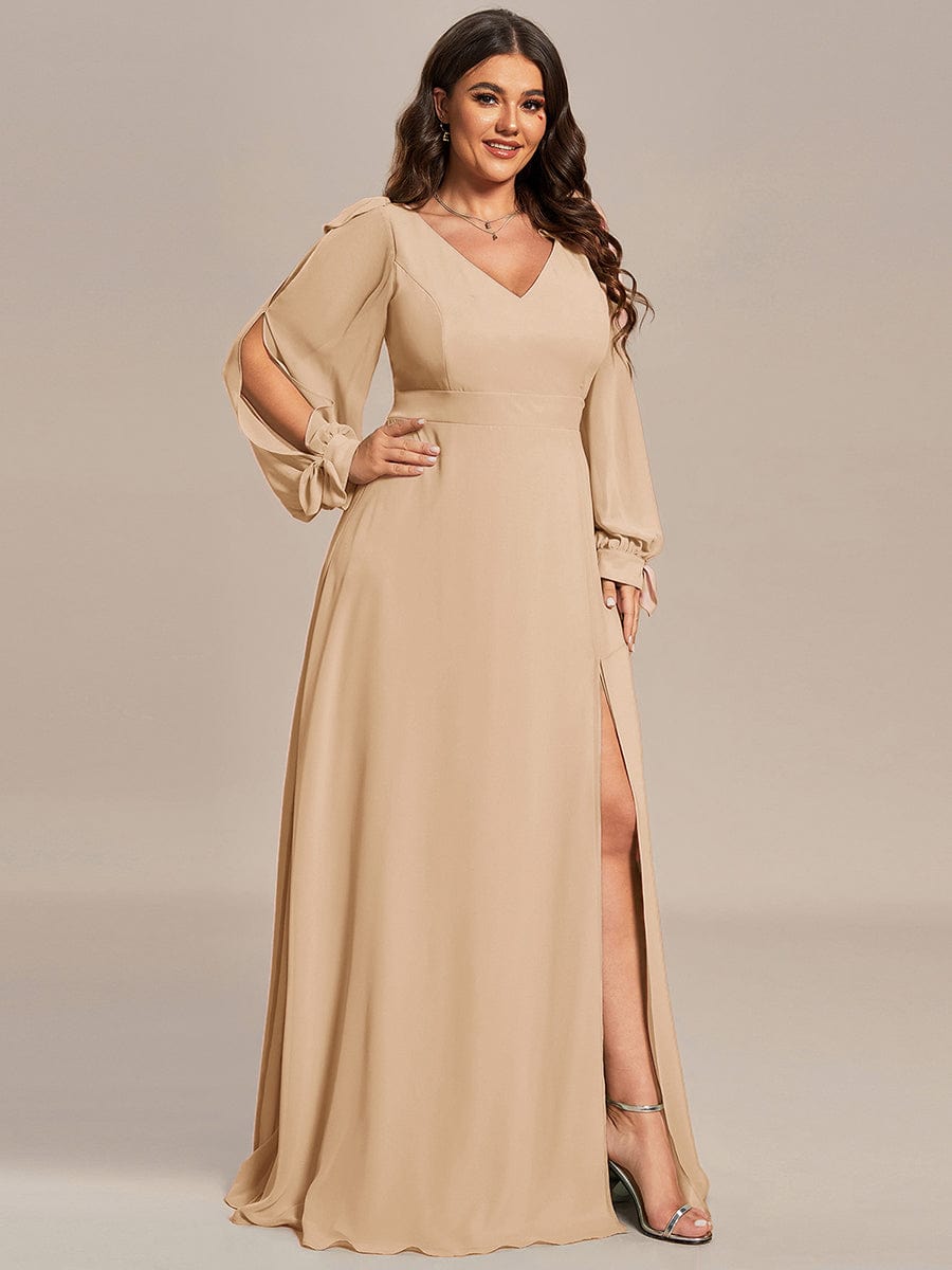 Gentle Split Sleeve Low Back Thigh Slit Bridesmaid Dress #color_Champagne