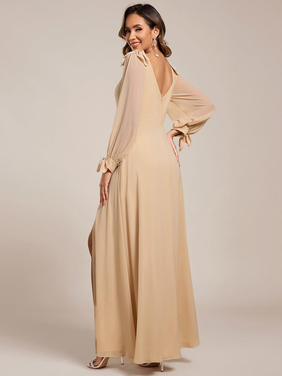 Gentle Split Sleeve Low Back Thigh Slit Bridesmaid Dress #color_Champagne