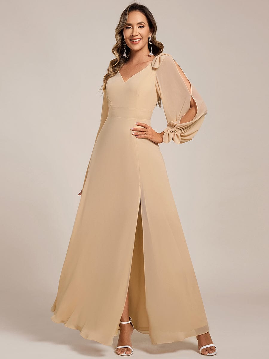 Gentle Split Sleeve Low Back Thigh Slit Bridesmaid Dress #color_Champagne