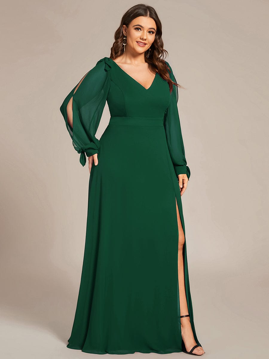 Custom Size Double V-Neck High Slit Long Sleeve Formal Dresses #color_Dark Green