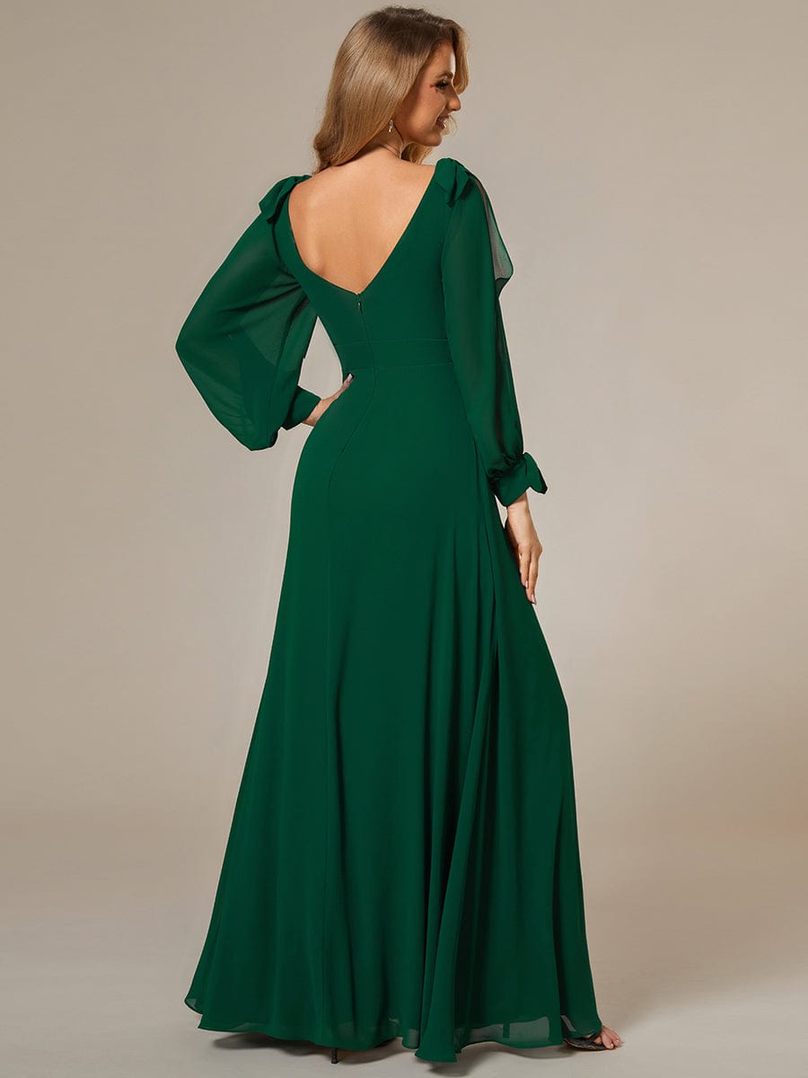 Custom Size Double V-Neck High Slit Long Sleeve Formal Dresses #color_Dark Green