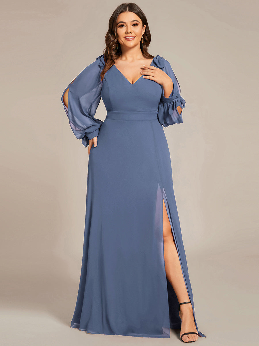 Gentle Split Sleeve Low Back Thigh Slit Bridesmaid Dress in Dusty Blue #color_Dusty Blue