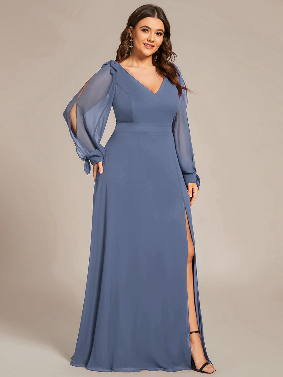 Gentle Split Sleeve Low Back Thigh Slit Bridesmaid Dress in Dusty Blue #color_Dusty Blue