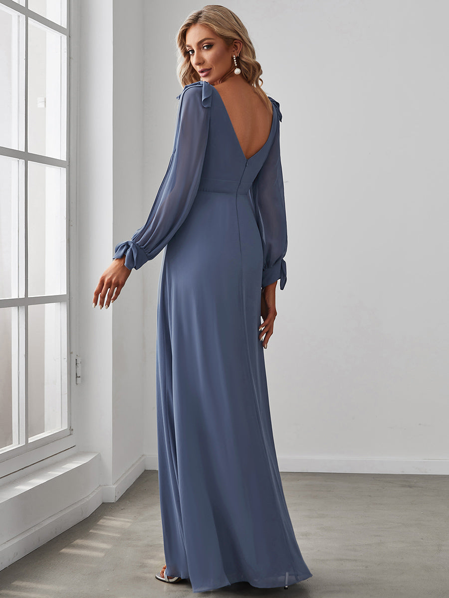 Gentle Split Sleeve Low Back Thigh Slit Bridesmaid Dress in Dusty Blue #color_Dusty Blue