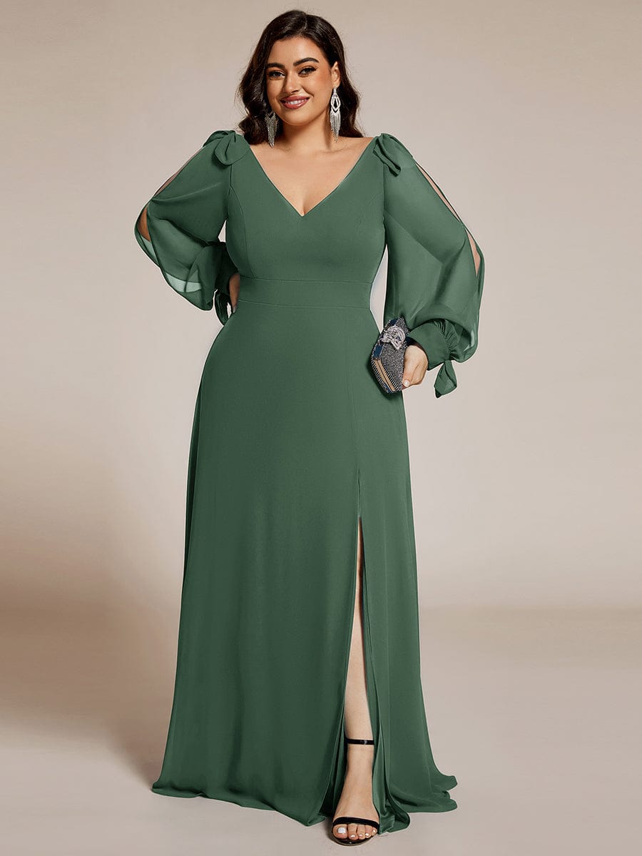 Gentle Split Sleeve Low Back Thigh Slit Bridesmaid Dress #color_Eucalyptus Green