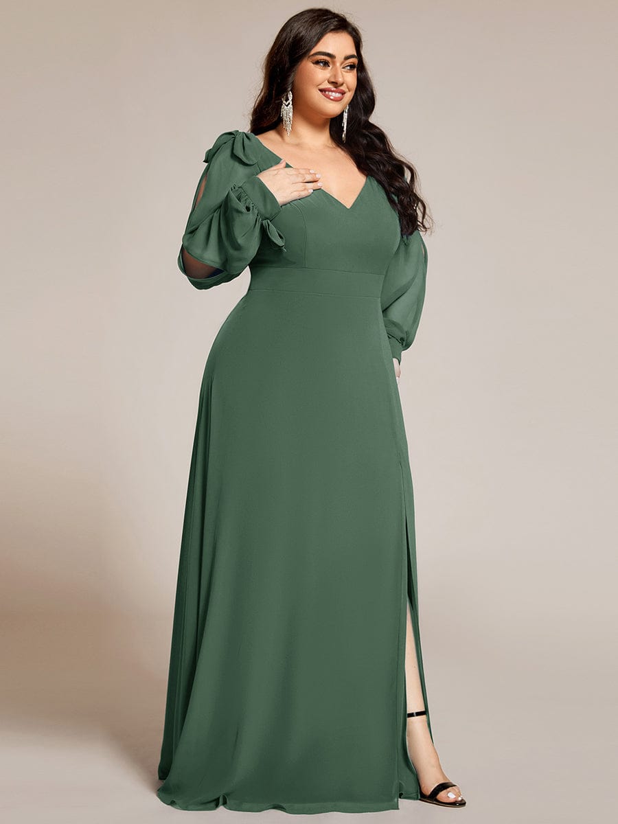 Gentle Split Sleeve Low Back Thigh Slit Bridesmaid Dress #color_Eucalyptus Green