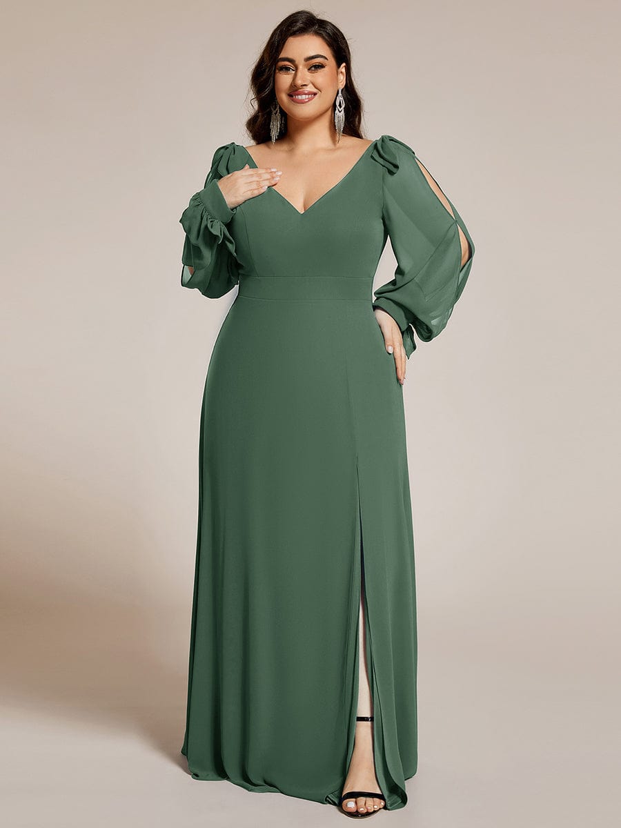 Gentle Split Sleeve Low Back Thigh Slit Bridesmaid Dress #color_Eucalyptus Green