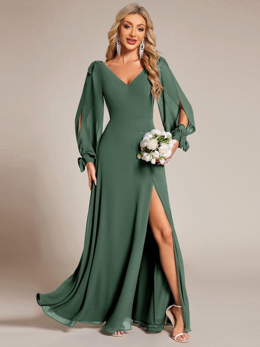 Gentle Split Sleeve Low Back Thigh Slit Bridesmaid Dress #color_Eucalyptus Green