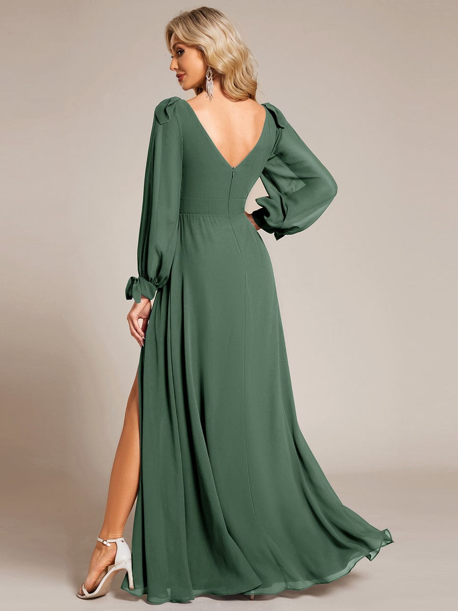 Gentle Split Sleeve Low Back Thigh Slit Bridesmaid Dress #color_Eucalyptus Green