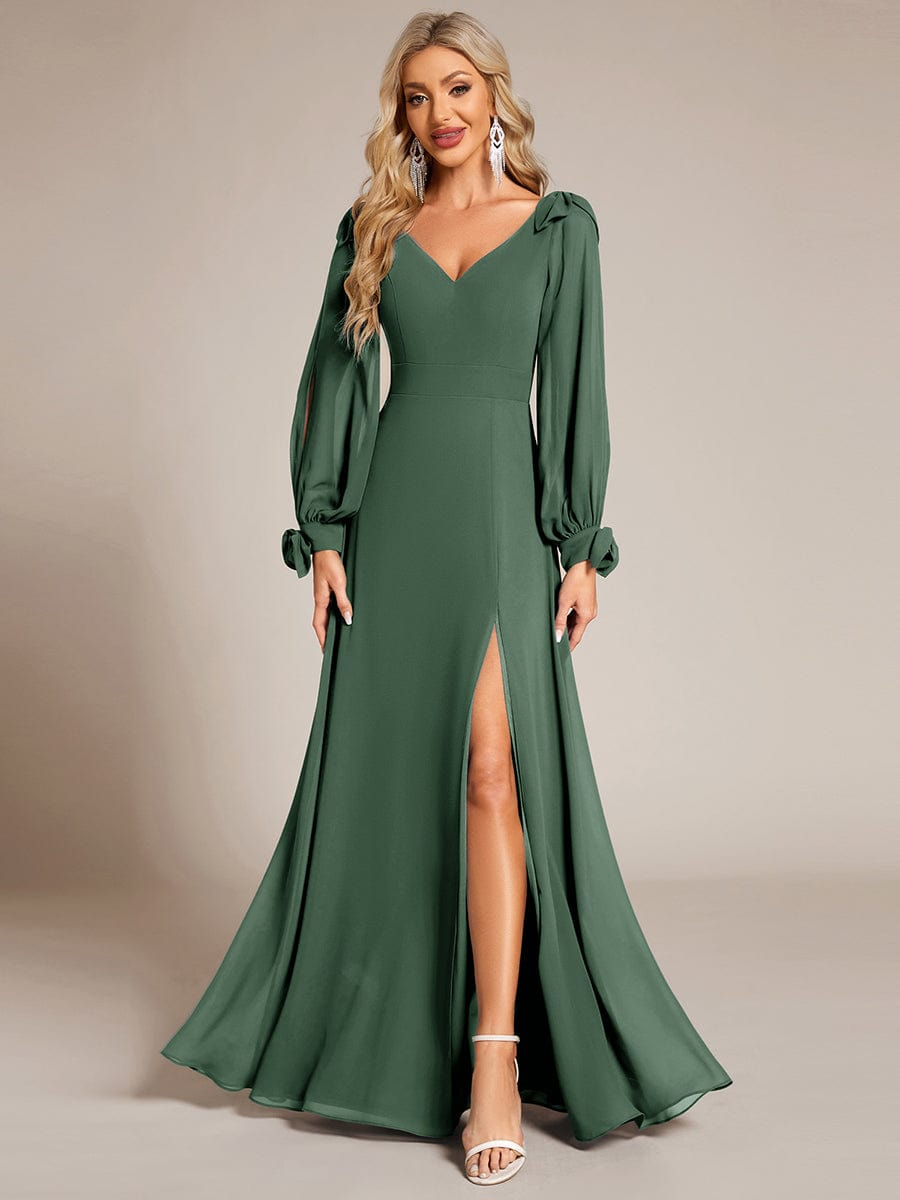 Gentle Split Sleeve Low Back Thigh Slit Bridesmaid Dress #color_Eucalyptus Green