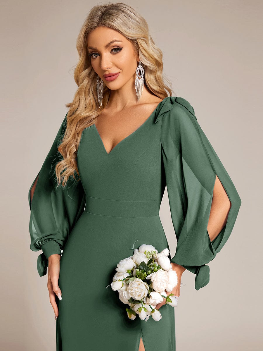 Gentle Split Sleeve Low Back Thigh Slit Bridesmaid Dress #color_Eucalyptus Green