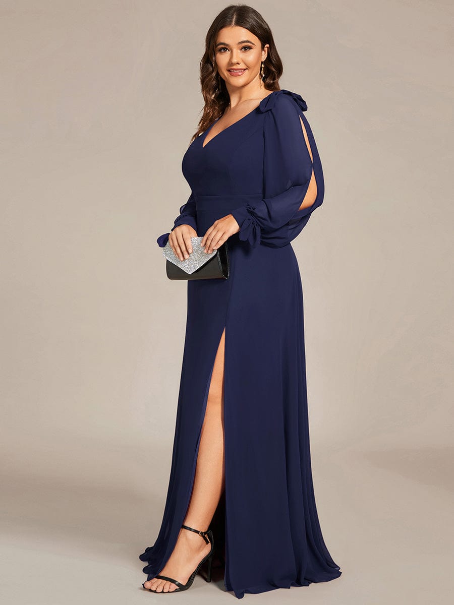 Custom Size Double V-Neck High Slit Long Sleeve Formal Dresses #color_Navy Blue