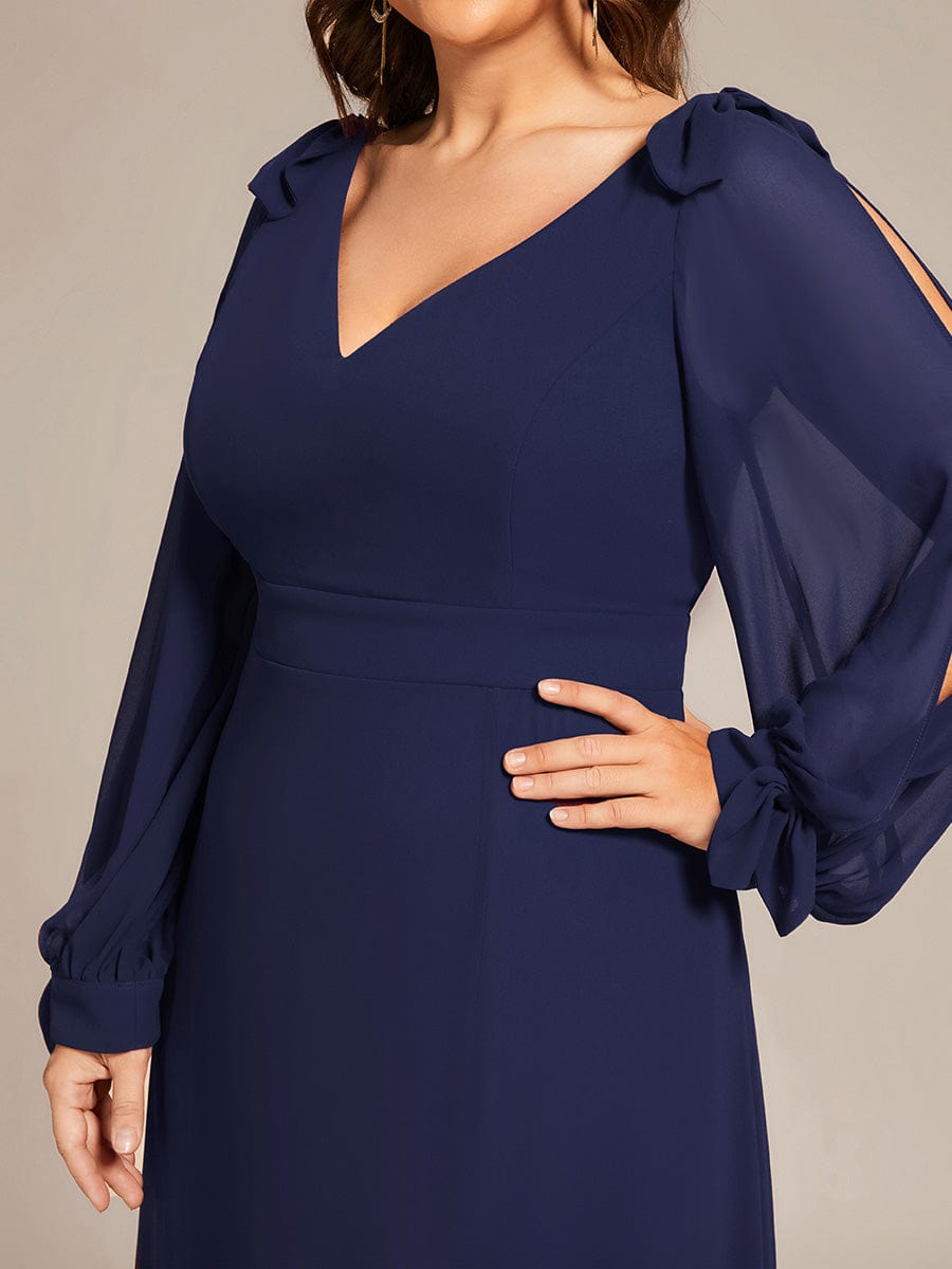 Custom Size Double V-Neck High Slit Long Sleeve Formal Dresses #color_Navy Blue