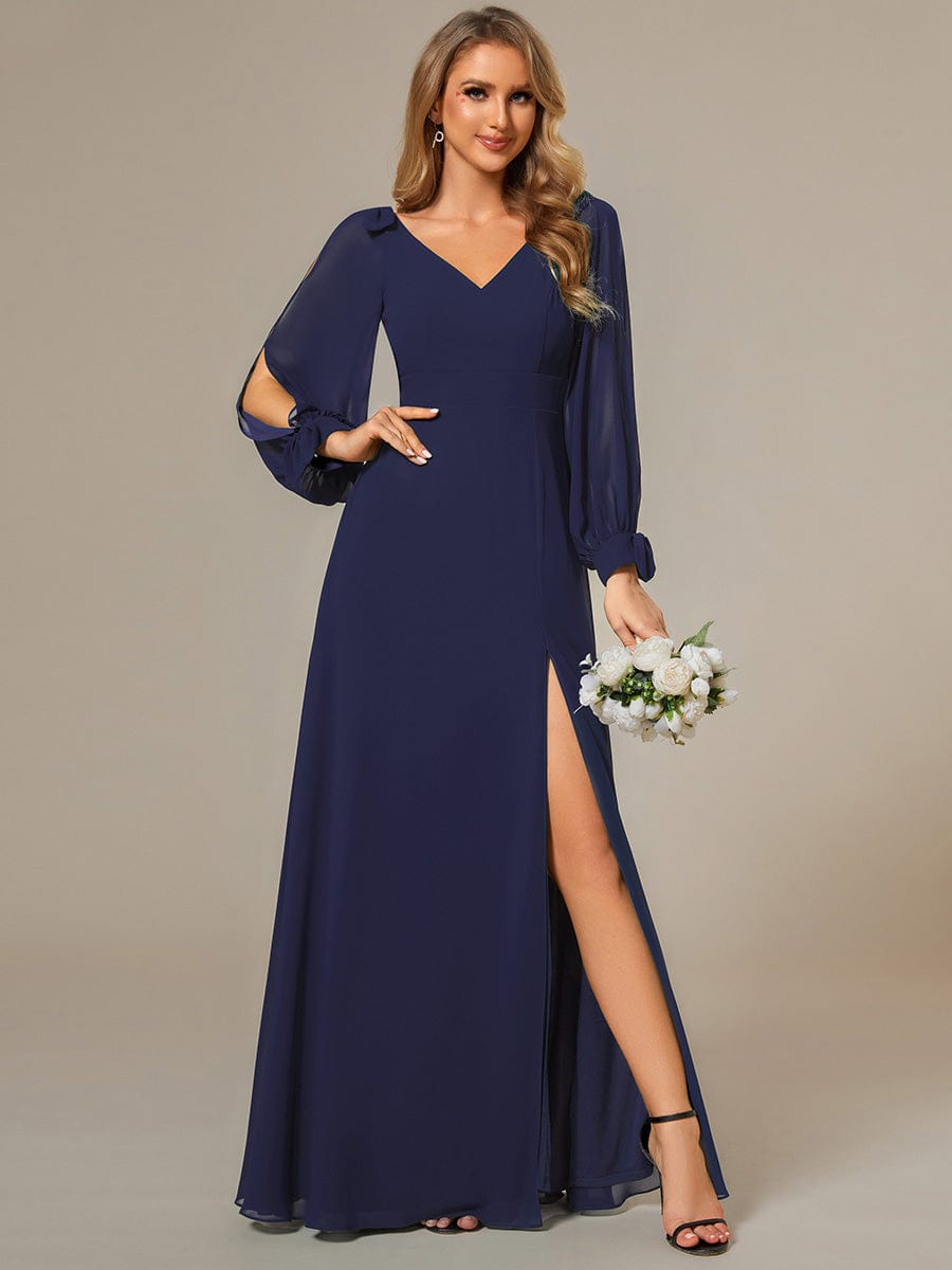 Custom Size Double V-Neck High Slit Long Sleeve Formal Dresses #color_Navy Blue