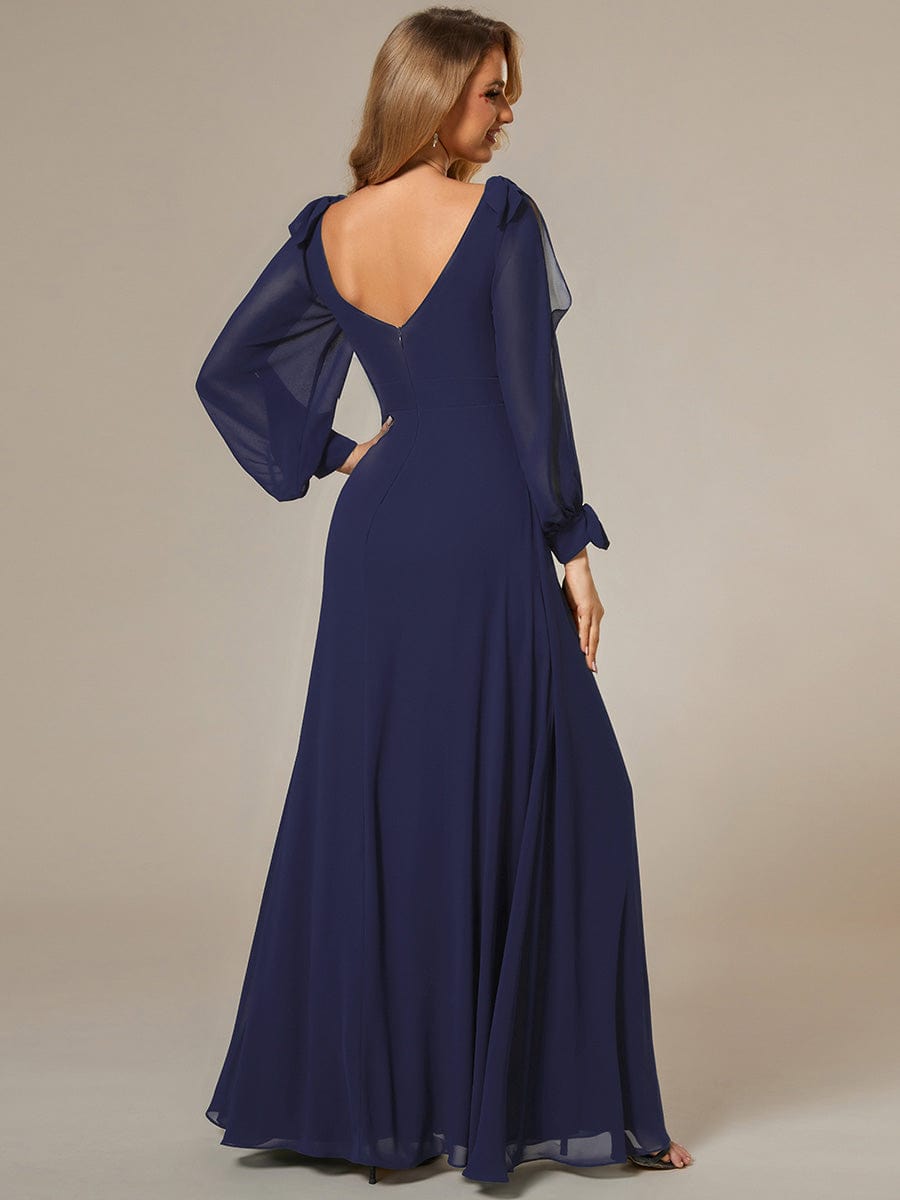 Custom Size Double V-Neck High Slit Long Sleeve Formal Dresses #color_Navy Blue