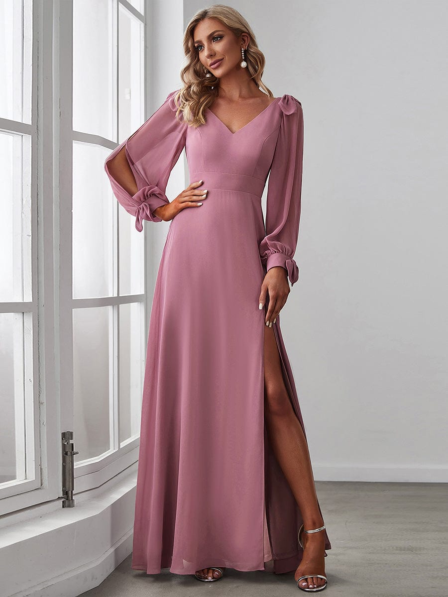 Gentle Split Sleeve Low Back Thigh Slit Bridesmaid Dress #color_Purple Orchid