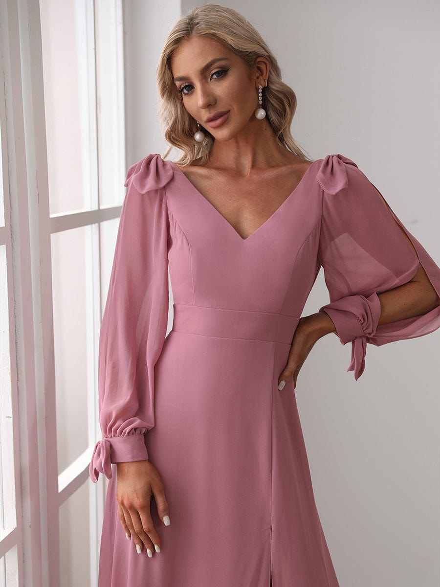 Gentle Split Sleeve Low Back Thigh Slit Bridesmaid Dress #color_Purple Orchid