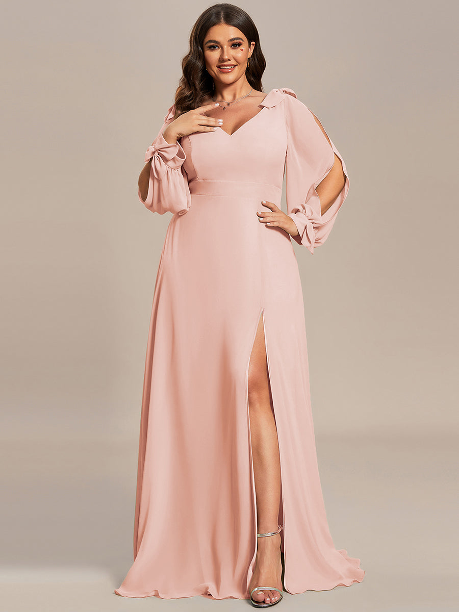 Gentle Split Sleeve Low Back Thigh Slit Bridesmaid Dress #color_Pink