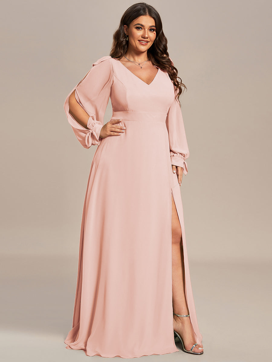 Gentle Split Sleeve Low Back Thigh Slit Bridesmaid Dress #color_Pink