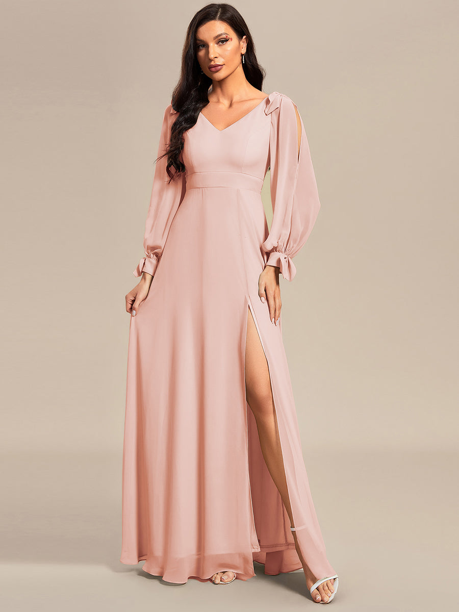 Gentle Split Sleeve Low Back Thigh Slit Bridesmaid Dress #color_Pink