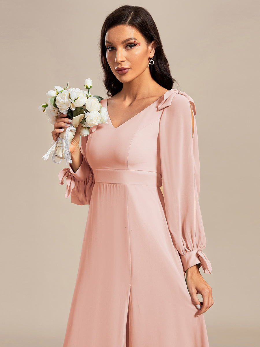 Gentle Split Sleeve Low Back Thigh Slit Bridesmaid Dress #color_Pink