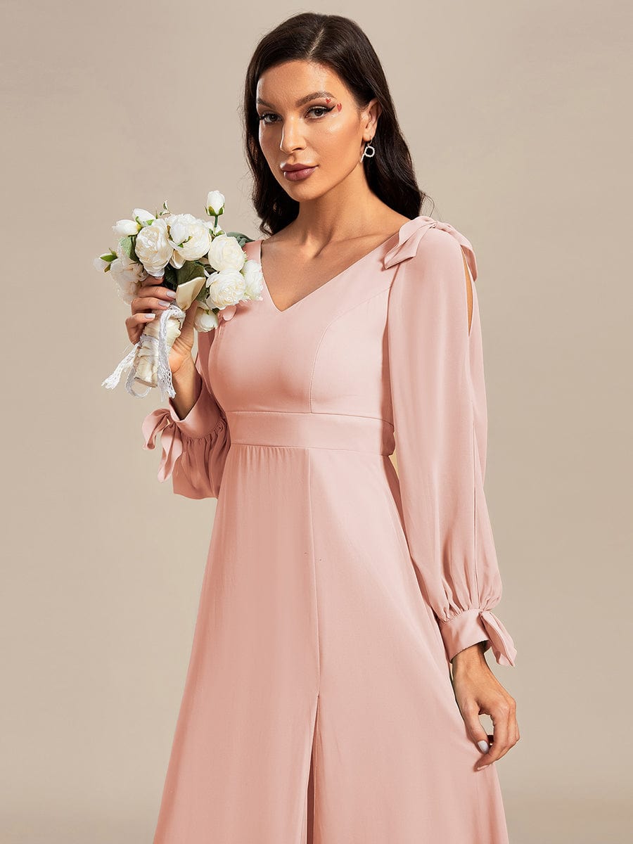 Gentle Split Sleeve Low Back Thigh Slit Maxi Dress in Pink #color_Pink