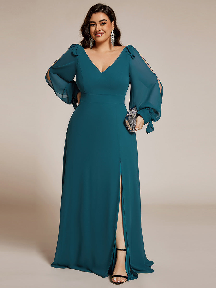 Gentle Split Sleeve Low Back Thigh Slit Bridesmaid Dress #color_Teal