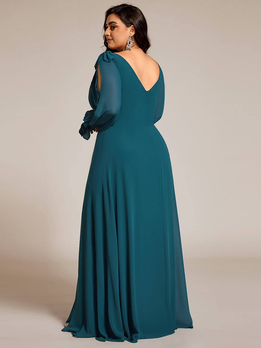 Gentle Split Sleeve Low Back Thigh Slit Bridesmaid Dress #color_Teal