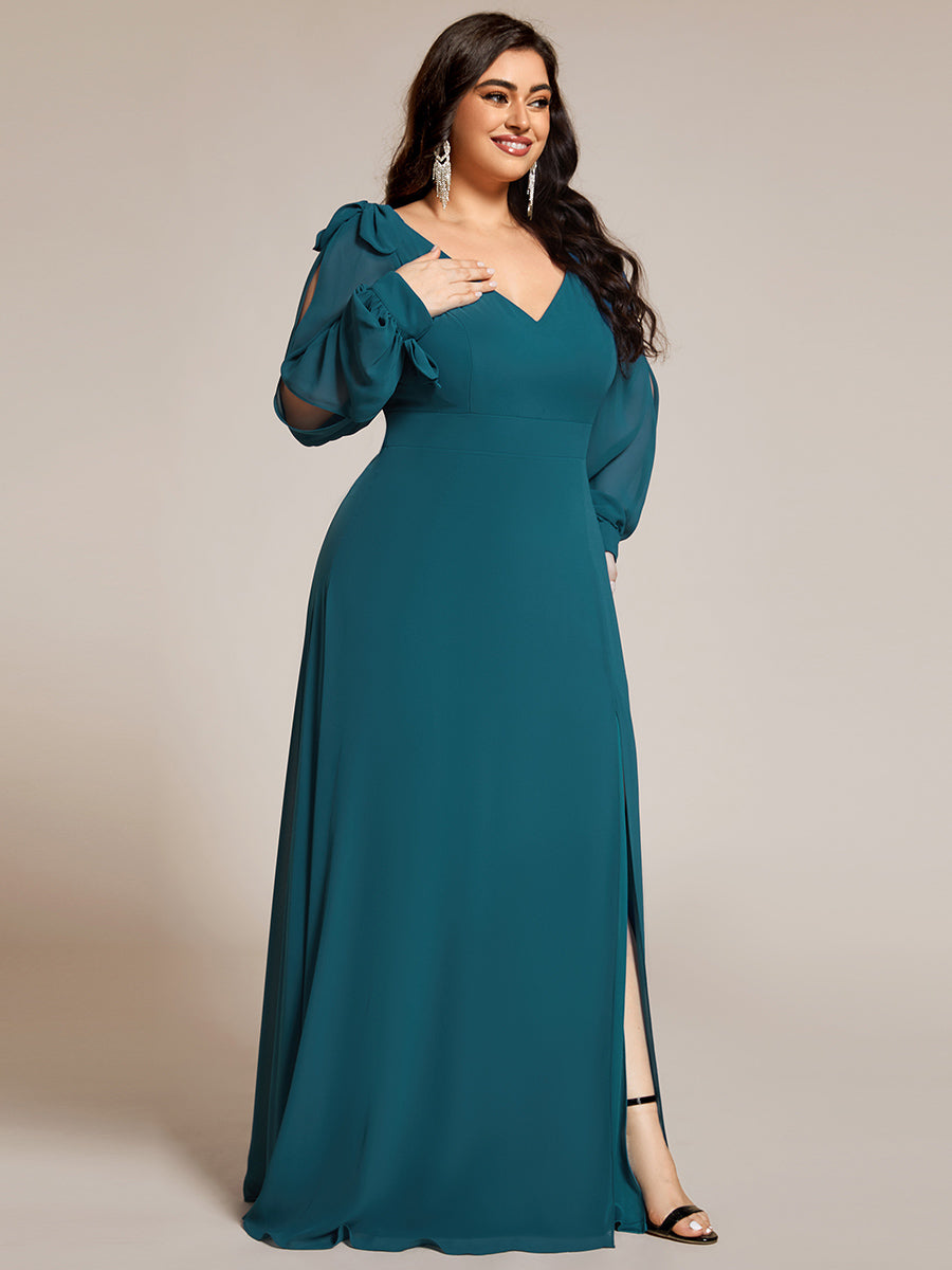 Gentle Split Sleeve Low Back Thigh Slit Bridesmaid Dress #color_Teal