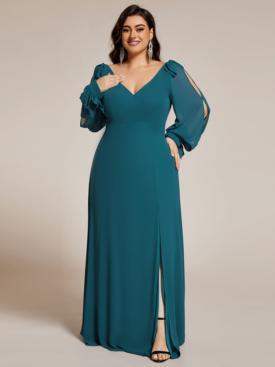 Gentle Split Sleeve Low Back Thigh Slit Bridesmaid Dress #color_Teal