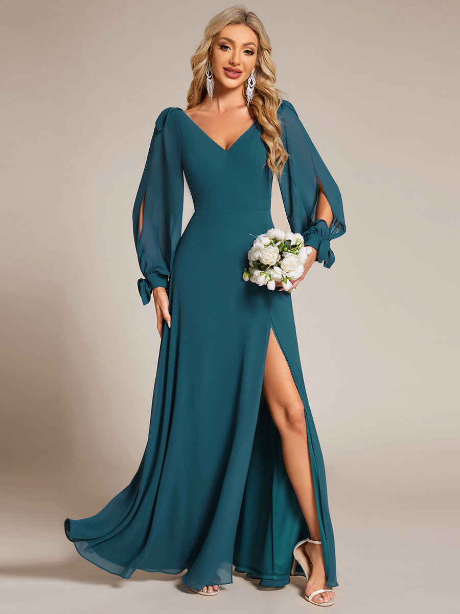 Gentle Split Sleeve Low Back Thigh Slit Bridesmaid Dress #color_Teal