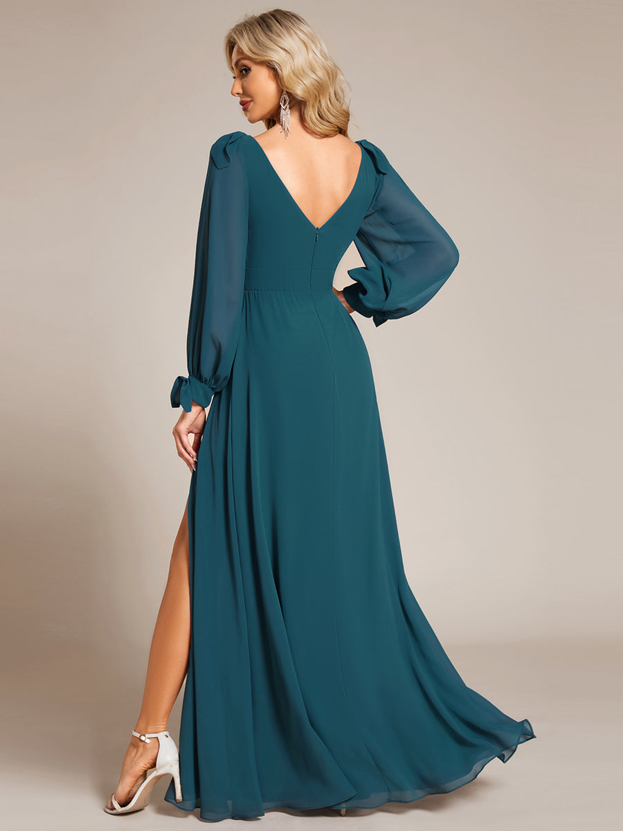 Gentle Split Sleeve Low Back Thigh Slit Bridesmaid Dress #color_Teal