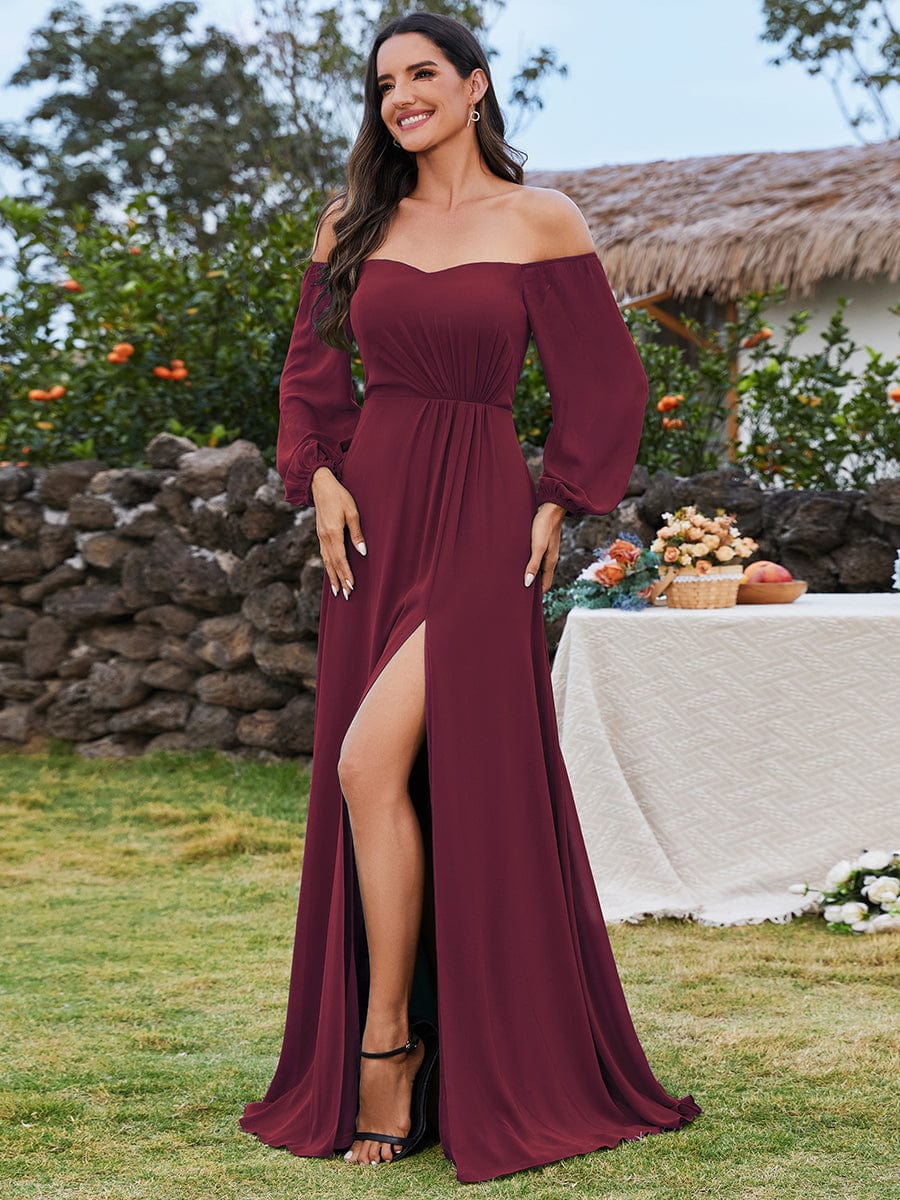 Long-Sleeved Chiffon Off Shoulder Bridesmaid Dresses with High Slit #color_Burgundy