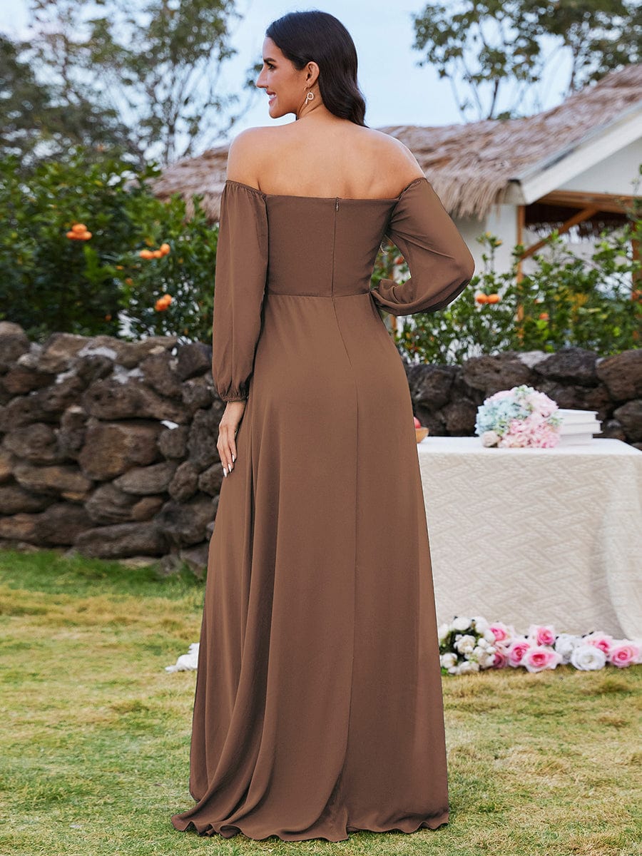 Long-Sleeved Chiffon Off Shoulder Bridesmaid Dresses with High Slit #color_Brown