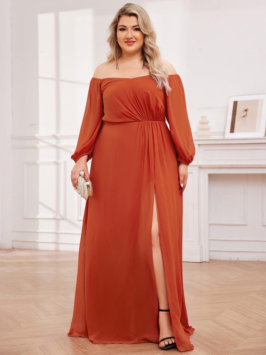 Plus Size Long-Sleeved Chiffon Off Shoulder Bridesmaid Dresses with High Slit #color_Burnt Orange