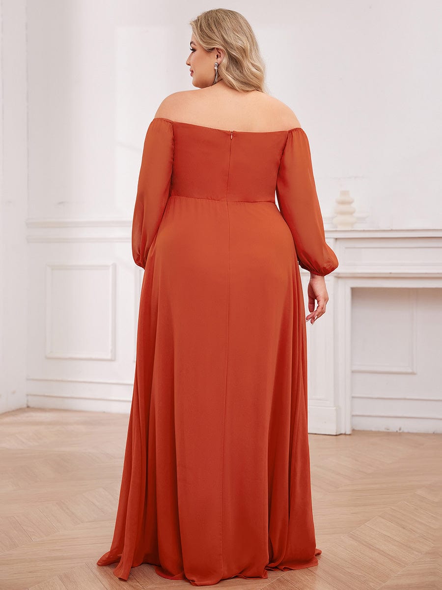 Long-Sleeved Chiffon Off Shoulder Bridesmaid Dresses with High Slit #color_Burnt Orange