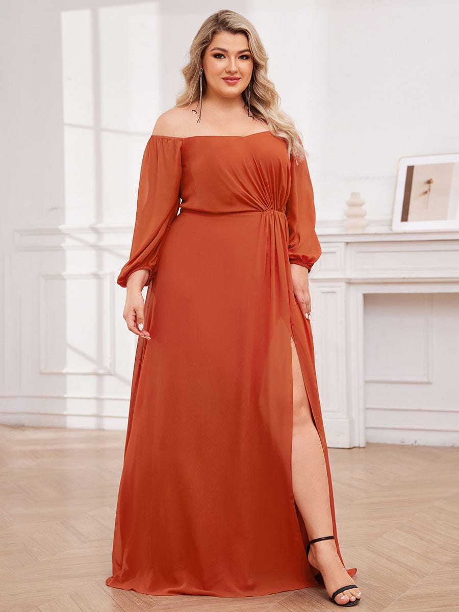 Plus Size Long-Sleeved Chiffon Off Shoulder Bridesmaid Dresses with High Slit #color_Burnt Orange