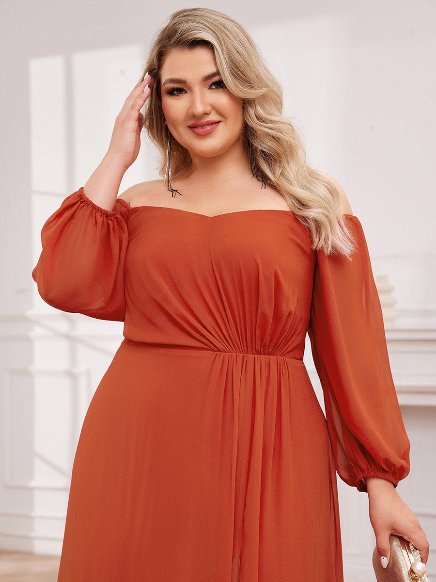 Long-Sleeved Chiffon Off Shoulder Bridesmaid Dresses with High Slit #color_Burnt Orange