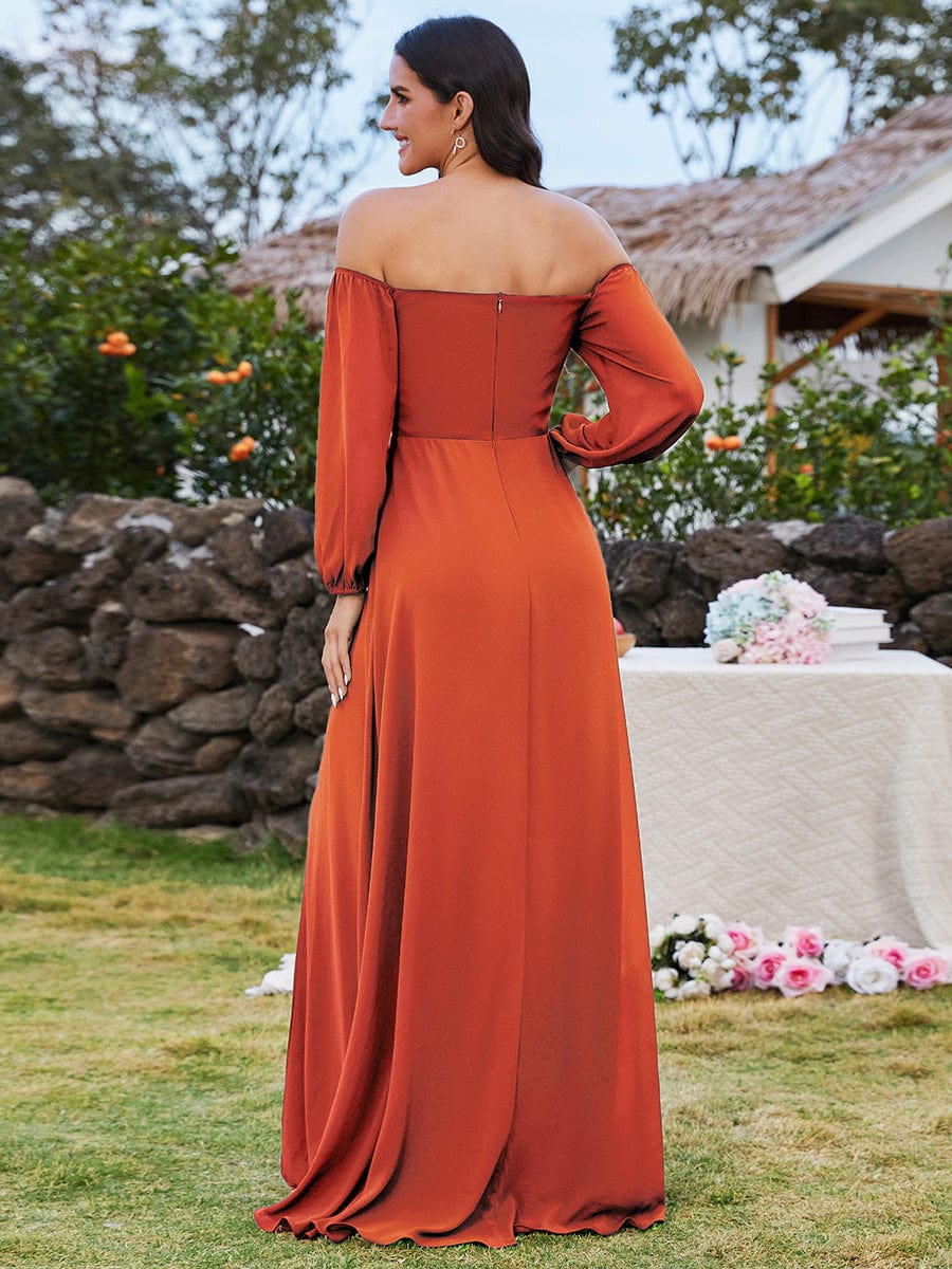 Long-Sleeved Chiffon Off Shoulder Bridesmaid Dresses with High Slit #color_Burnt Orange