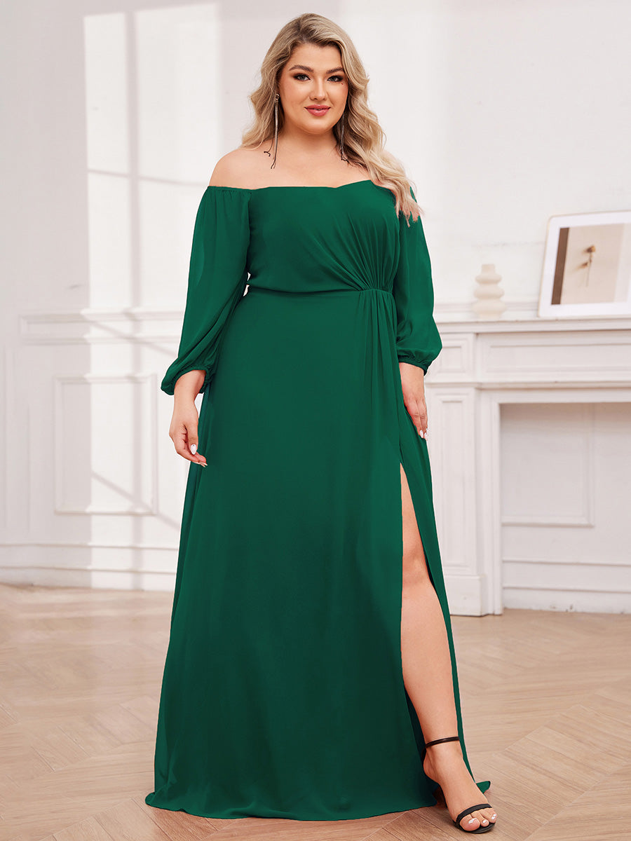 Long-Sleeved Chiffon Off Shoulder Dress with High Slit in Dark Green #color_Dark Green